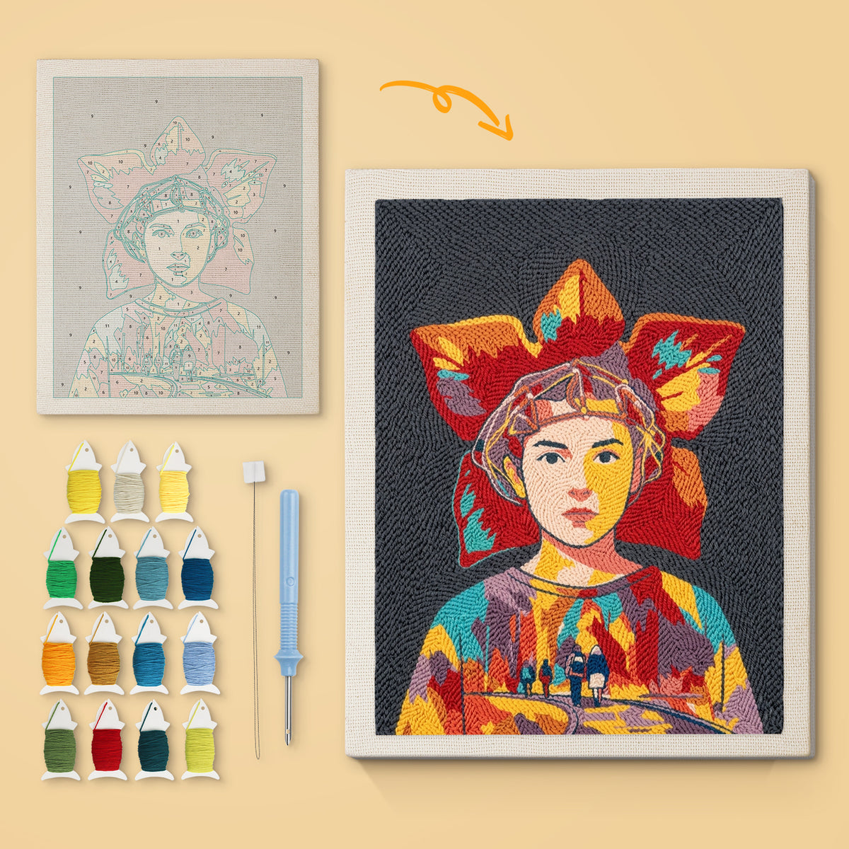 Red Petal Headdress canvas before and after punching, with the threads and tools