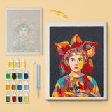 Red Petal Headdress canvas before and after punching, with the threads and tools