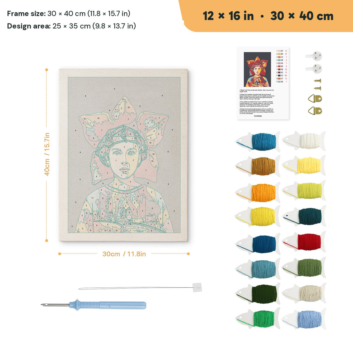 Red Petal Headdress punch needle kit, 12 × 16 in (30 × 40 cm): canvas size and kit contents
