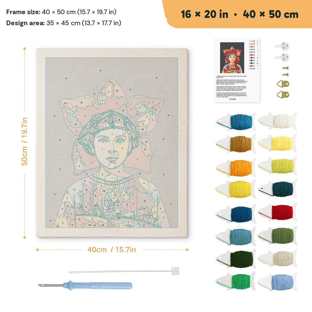 Red Petal Headdress punch needle kit, 16 × 20 in (40 × 50 cm): canvas size and kit contents