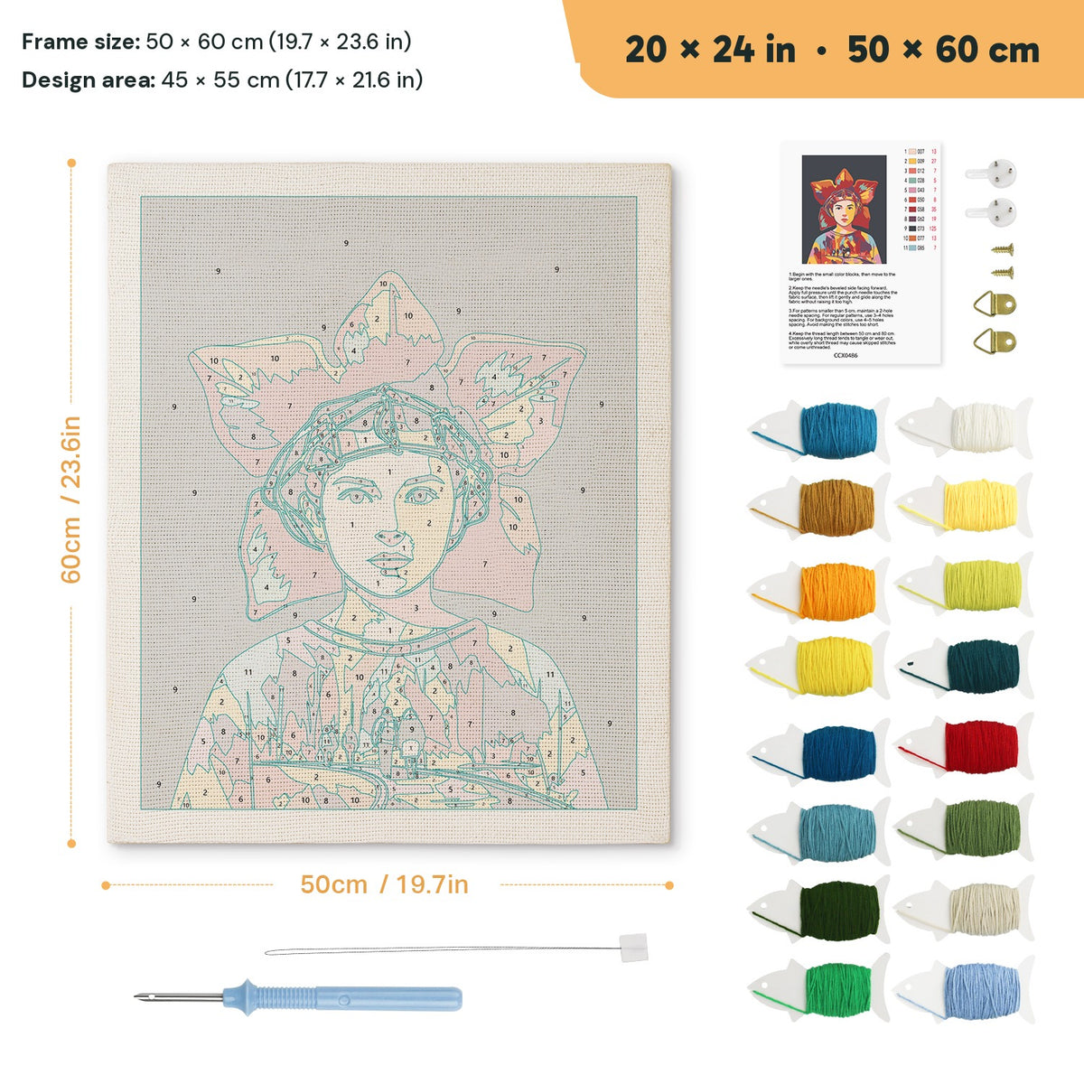 Red Petal Headdress punch needle kit, 20 × 24 in (50 × 60 cm): canvas size and kit contents