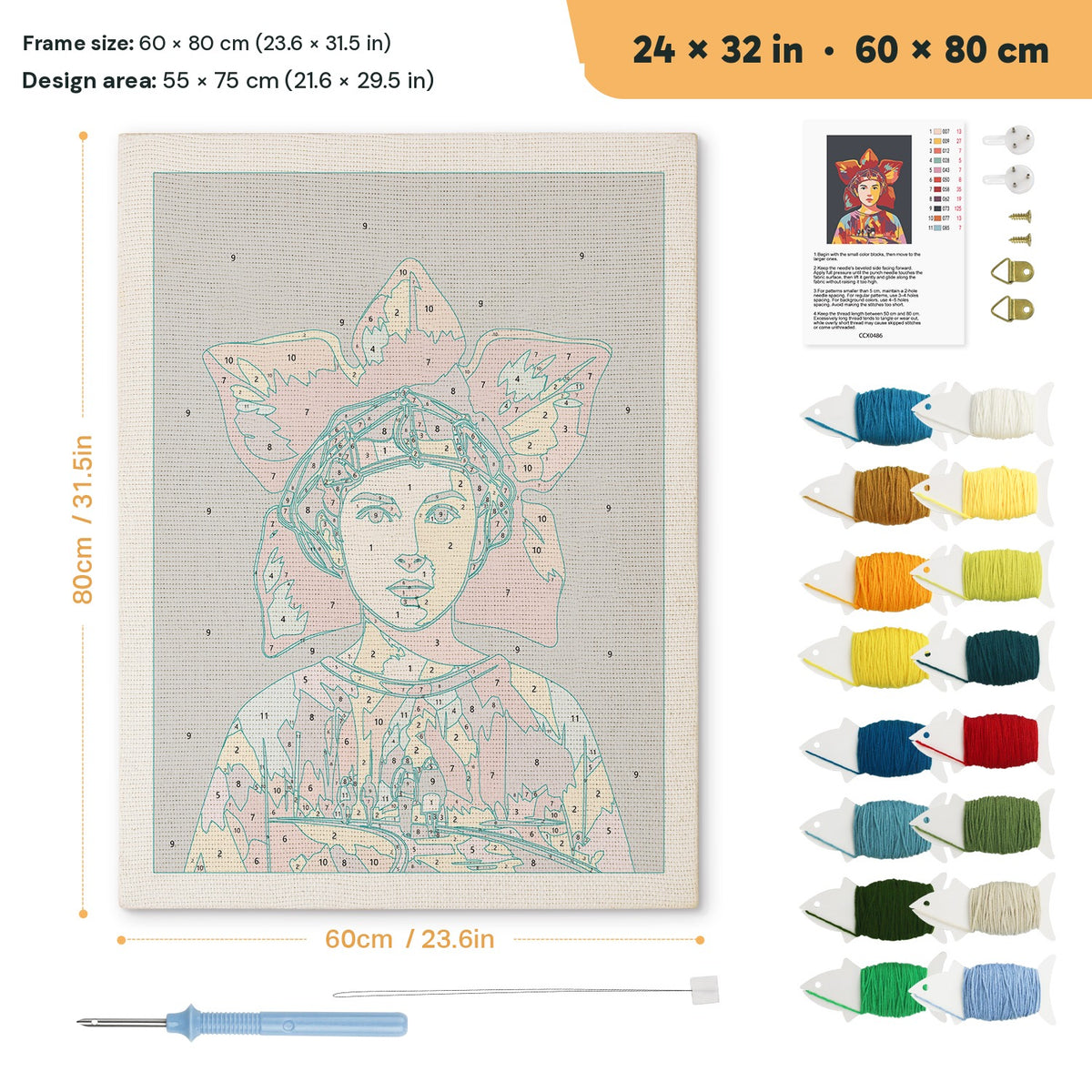 Red Petal Headdress punch needle kit, 24 × 32 in (60 × 80 cm): canvas size and kit contents