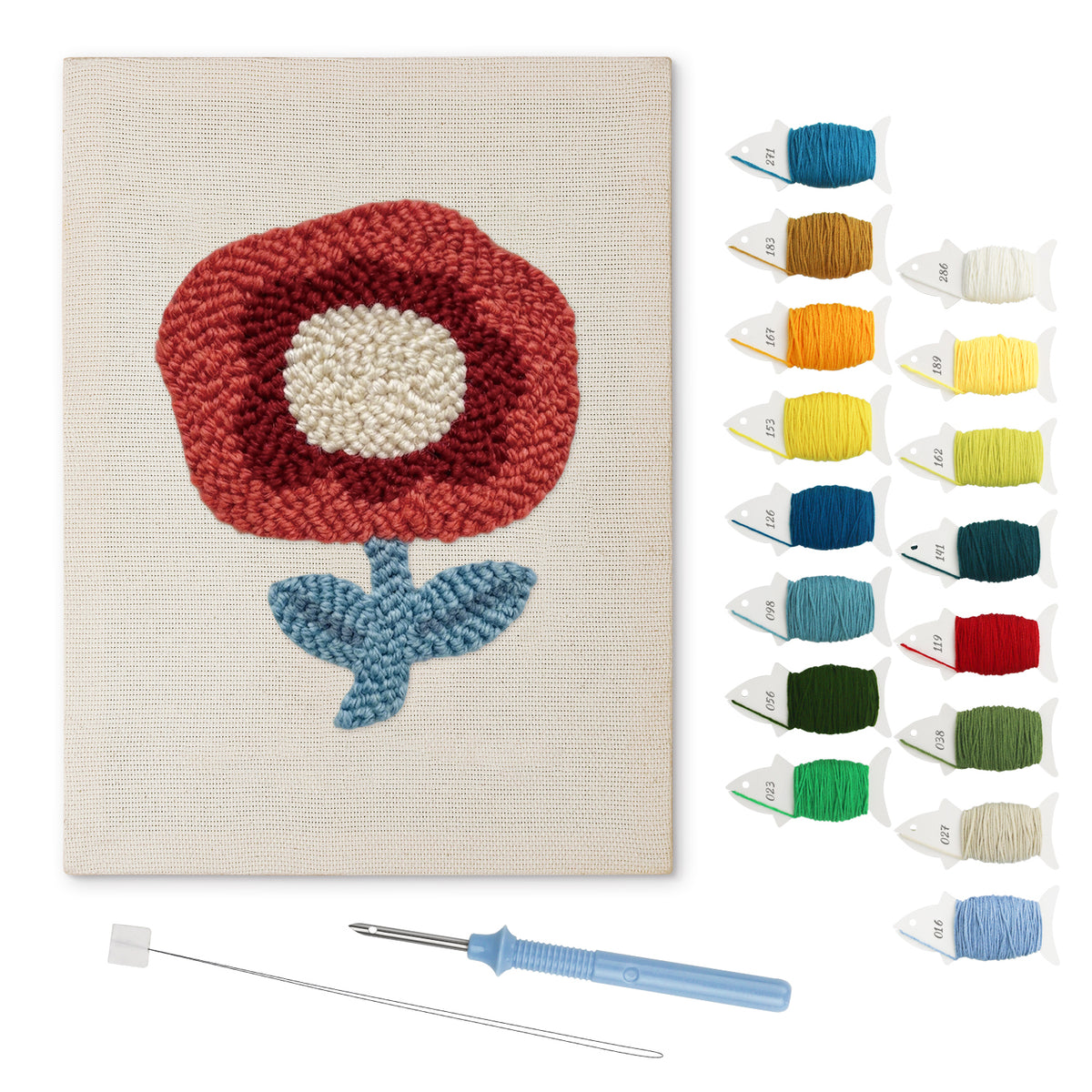 Red Poppy punch needle kit: finished canvas with threads, punch needle and threader