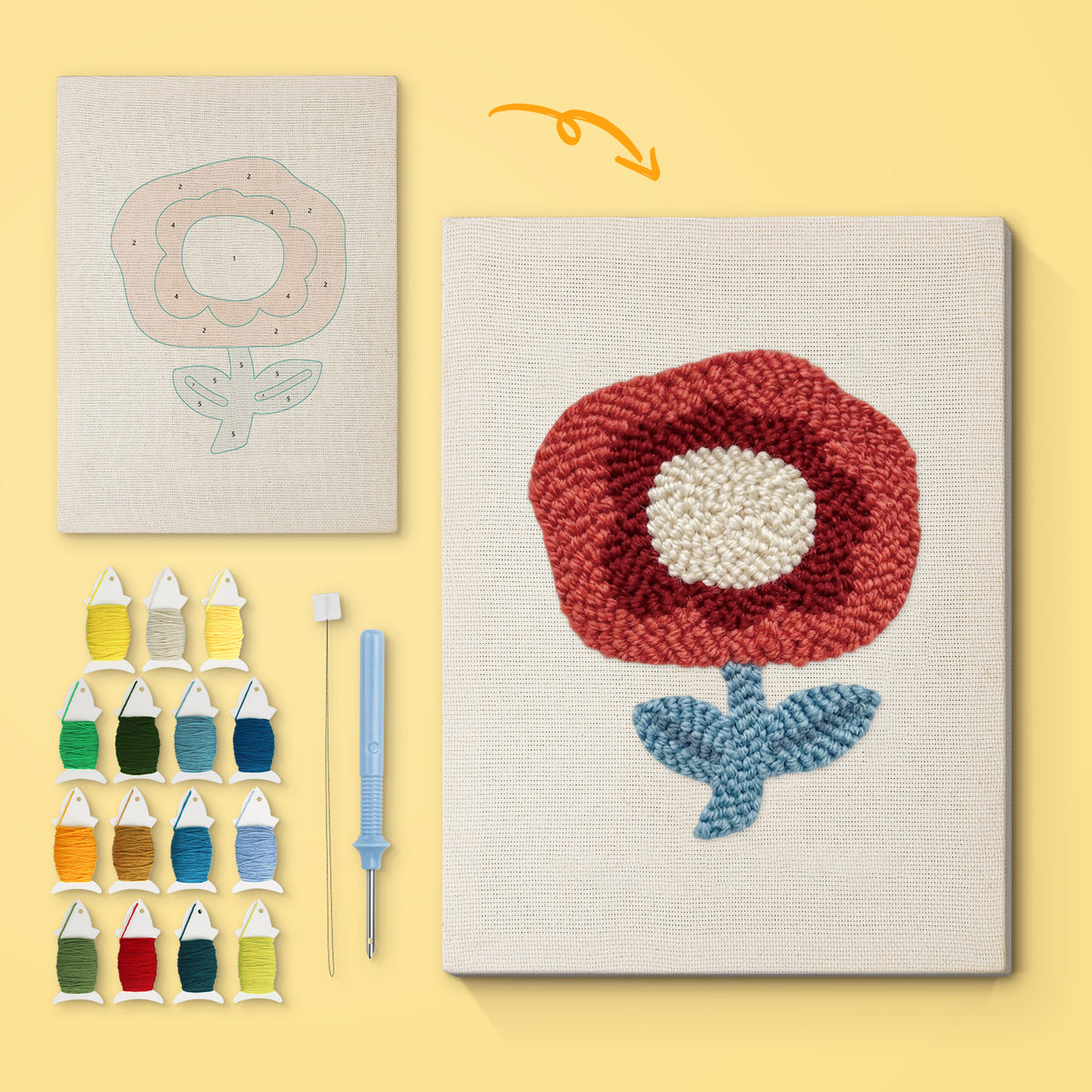 Red Poppy canvas before and after punching, with the threads and tools