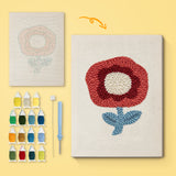 Red Poppy canvas before and after punching, with the threads and tools