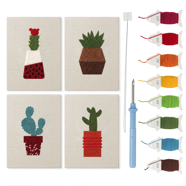 Red Pot Cacti mini punch needle kit set: four finished canvases with threads, punch needle and threader