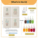 What is in the Red Pot Cacti set: 4 printed canvases, punch needle, threader, threads, color guide and 4 sets of hangers (6 × 8 in (15 × 20 cm) each)