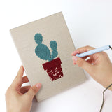 Punching a Red Pot Cacti mini canvas with the punch needle