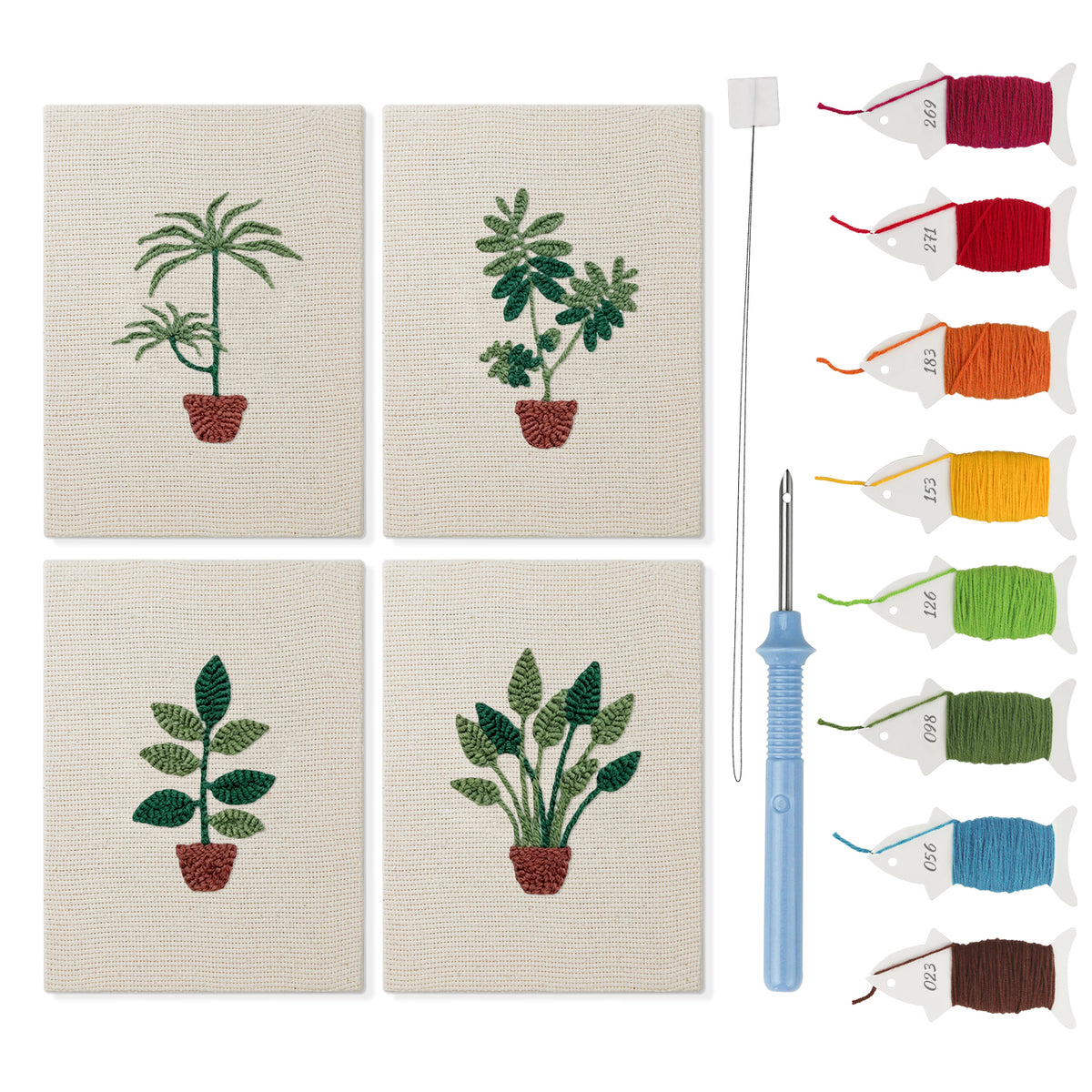 Red Pot Palms mini punch needle kit set: four finished canvases with threads, punch needle and threader