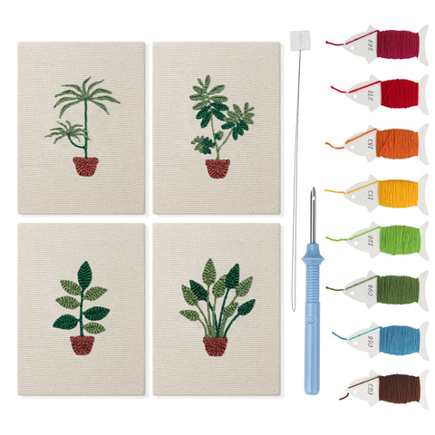 Red Pot Palms mini punch needle kit set: four finished canvases with threads, punch needle and threader