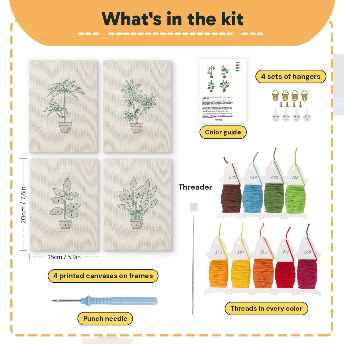 What is in the Red Pot Palms set: 4 printed canvases, punch needle, threader, threads, color guide and 4 sets of hangers (6 × 8 in (15 × 20 cm) each)