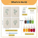 What is in the Red Pot Palms set, 8 × 12 in (20 × 30 cm) each: 4 printed canvases, punch needle, threader, threads, color guide and 4 sets of hangers