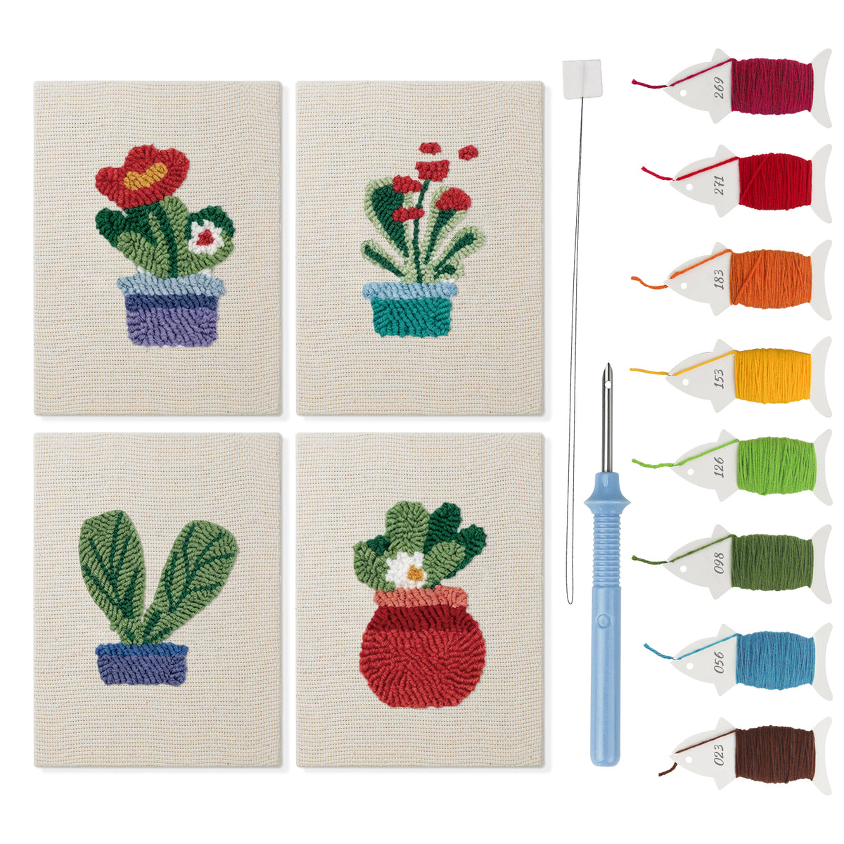 Red Pot Posies mini punch needle kit set: four finished canvases with threads, punch needle and threader
