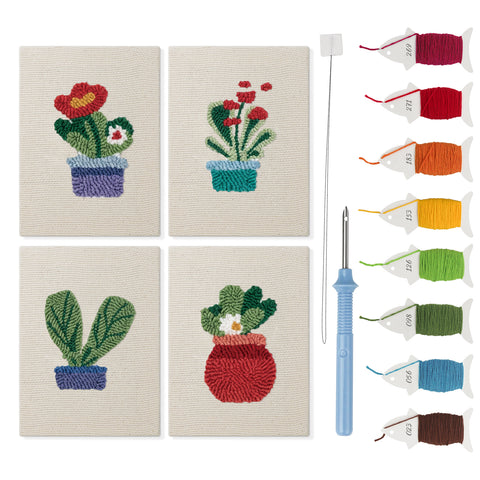 Red Pot Posies mini punch needle kit set: four finished canvases with threads, punch needle and threader