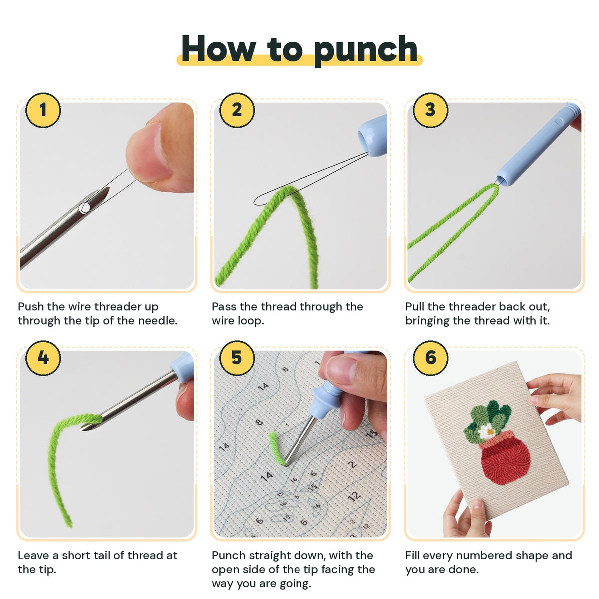 Six steps showing how to thread and use the punch needle