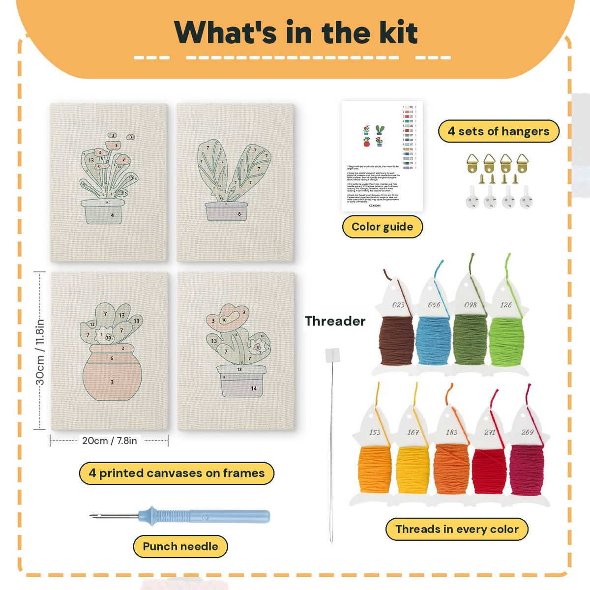 What is in the Red Pot Posies set, 8 × 12 in (20 × 30 cm) each: 4 printed canvases, punch needle, threader, threads, color guide and 4 sets of hangers