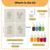 What is in the Red Pot Posies set, 8 × 12 in (20 × 30 cm) each: 4 printed canvases, punch needle, threader, threads, color guide and 4 sets of hangers