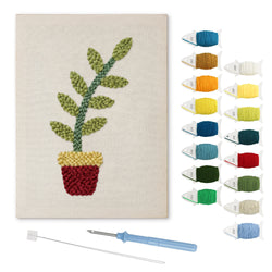 Red Pot Sprig punch needle kit: finished canvas with threads, punch needle and threader