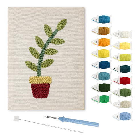Red Pot Sprig punch needle kit: finished canvas with threads, punch needle and threader