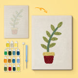 Red Pot Sprig canvas before and after punching, with the threads and tools