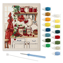Red Retro Kitchen punch needle kit: finished canvas with threads, punch needle and threader