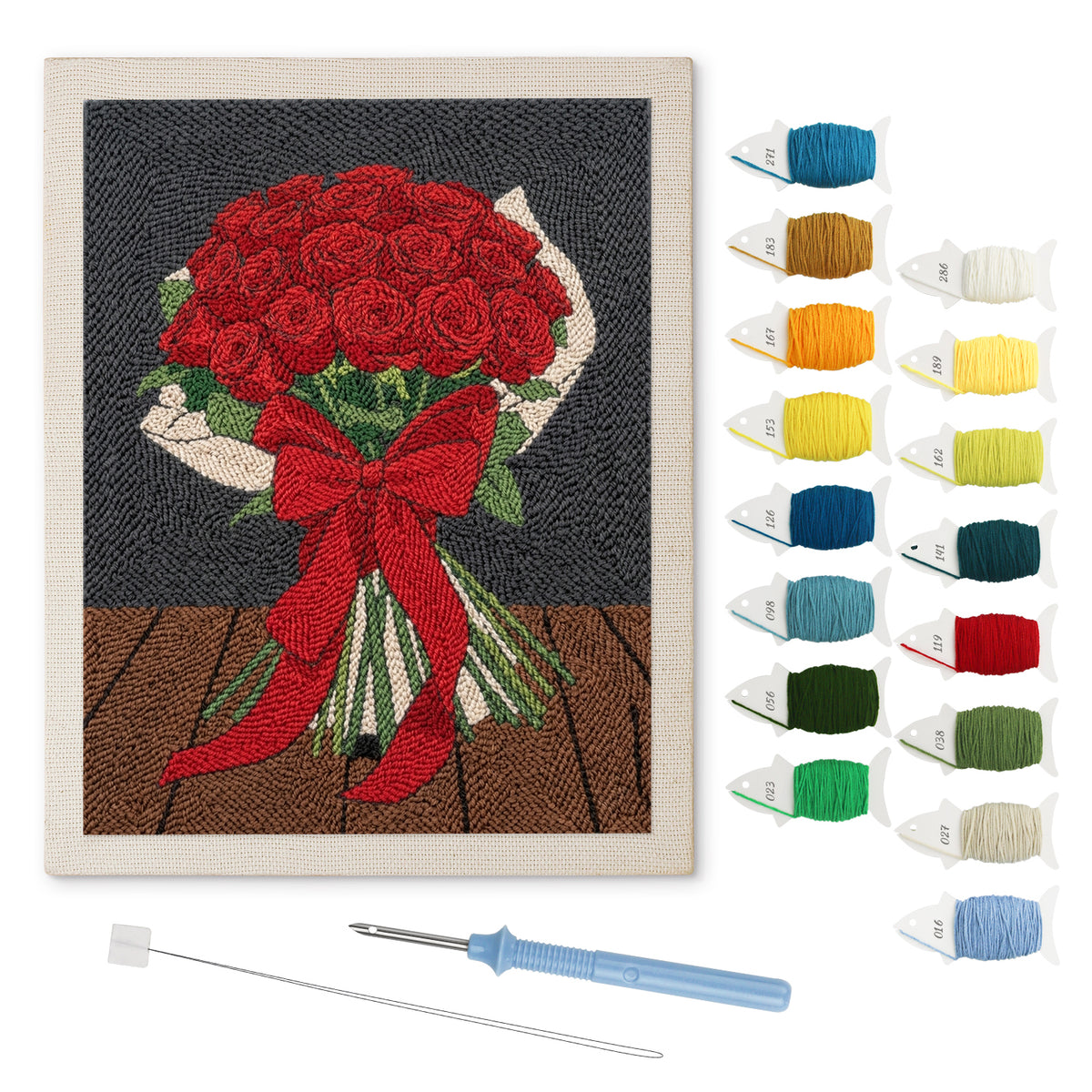 Red Rose Bouquet punch needle kit: finished canvas with threads, punch needle and threader