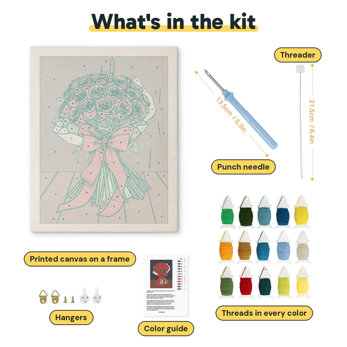 What is in the Red Rose Bouquet kit: printed canvas, punch needle, threader, threads, color guide and hangers