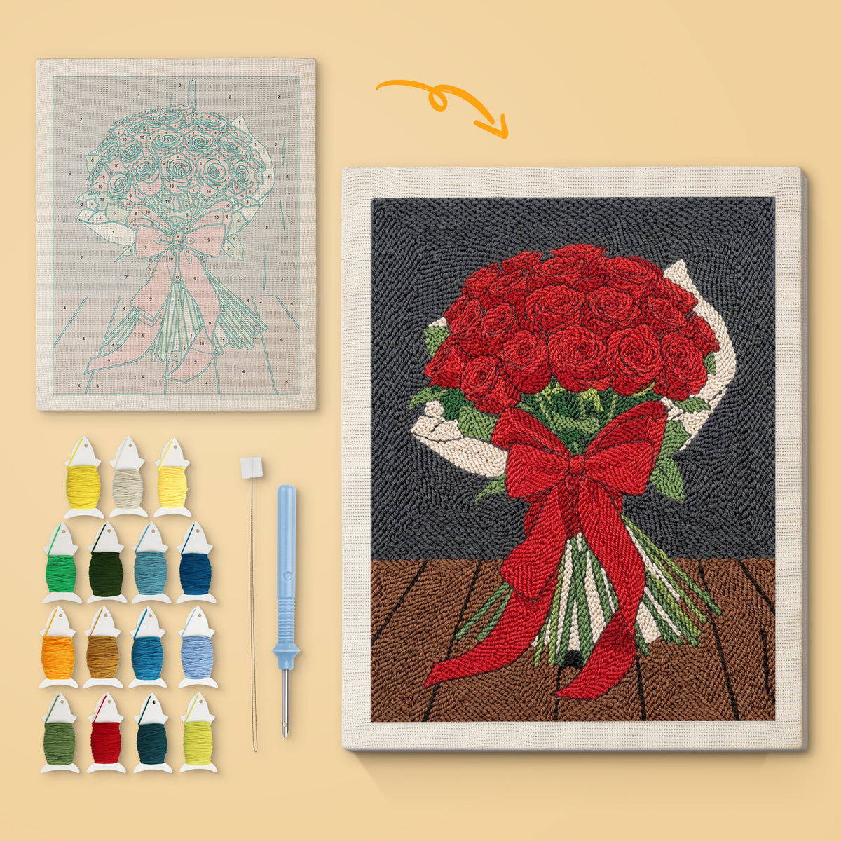 Red Rose Bouquet canvas before and after punching, with the threads and tools