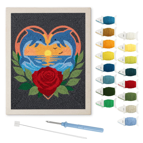 Red Rose Dolphins punch needle kit: finished canvas with threads, punch needle and threader