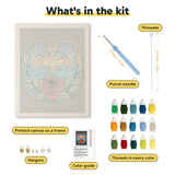 What is in the Red Rose Dolphins kit: printed canvas, punch needle, threader, threads, color guide and hangers