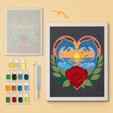 Red Rose Dolphins canvas before and after punching, with the threads and tools
