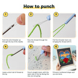 Six steps showing how to thread and use the punch needle