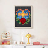 Finished Red Rose Dolphins punch needle canvas on a wall