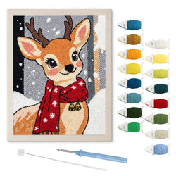 Red Scarf Fawn punch needle kit: finished canvas with threads, punch needle and threader