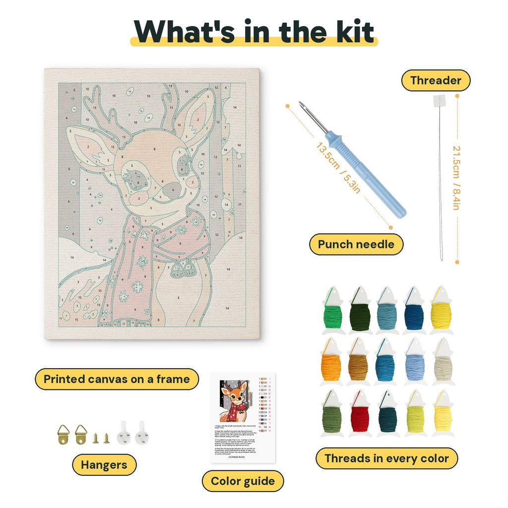 What is in the Red Scarf Fawn kit: printed canvas, punch needle, threader, threads, color guide and hangers