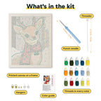 What is in the Red Scarf Fawn kit: printed canvas, punch needle, threader, threads, color guide and hangers