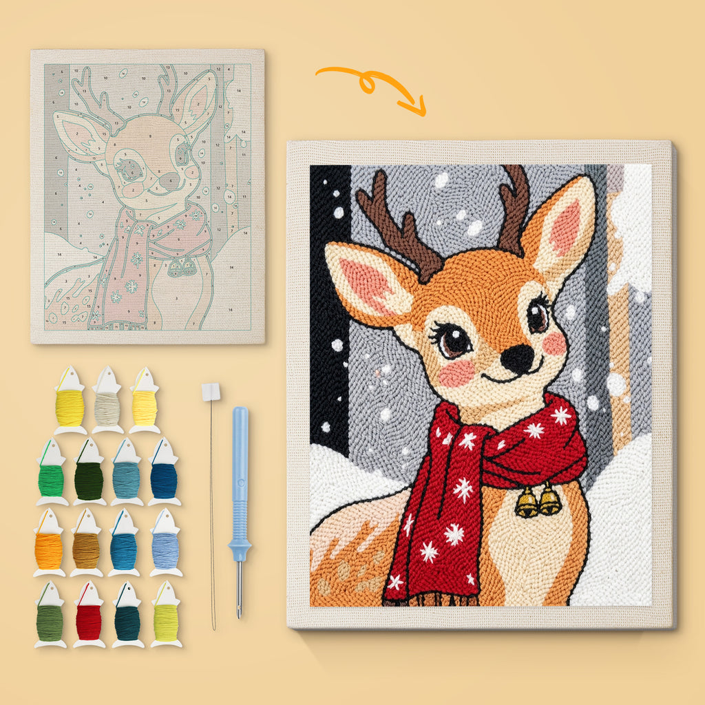 Red Scarf Fawn canvas before and after punching, with the threads and tools