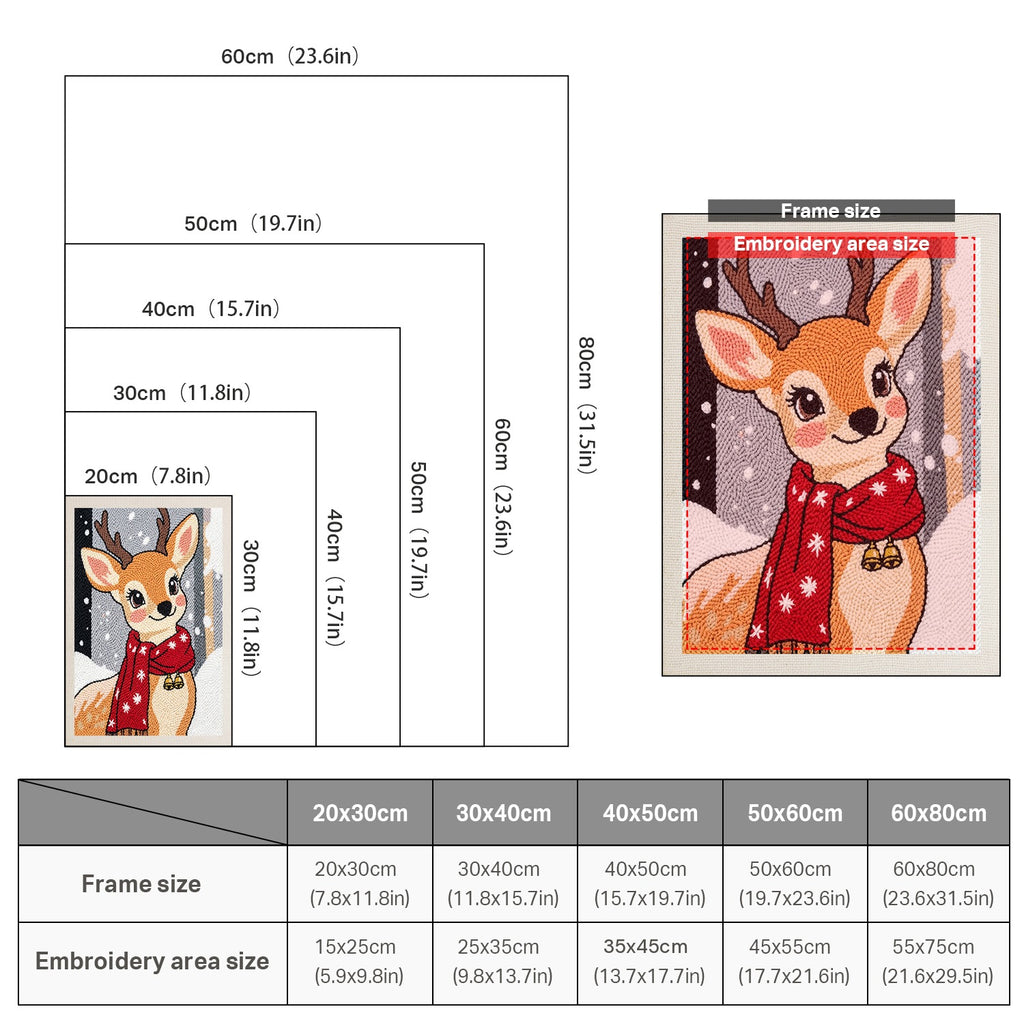 Size chart for punch needle kits from 20 x 30 cm to 60 x 80 cm
