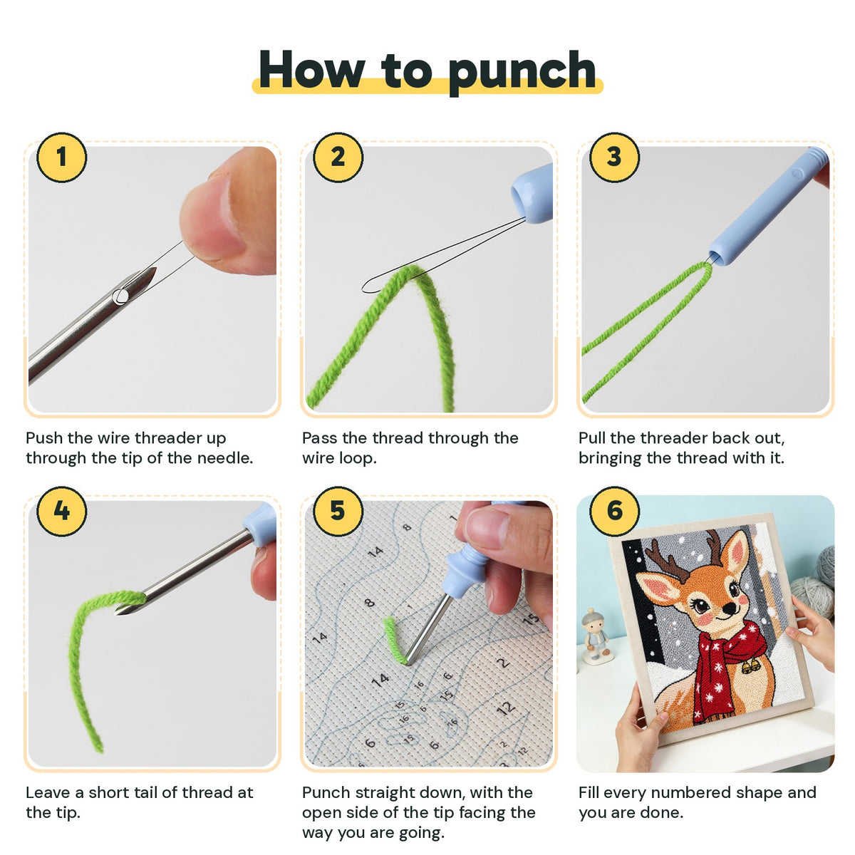 Six steps showing how to thread and use the punch needle