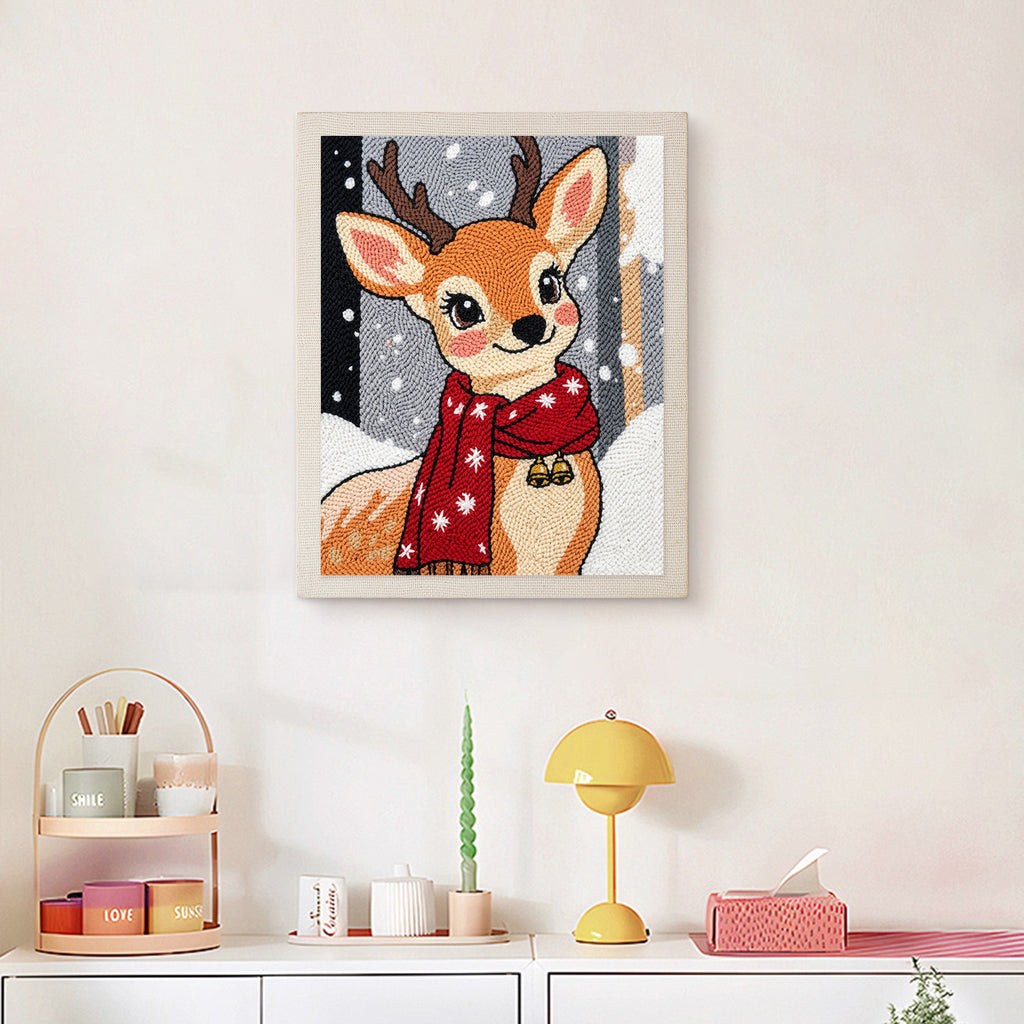 Finished Red Scarf Fawn punch needle canvas on a wall