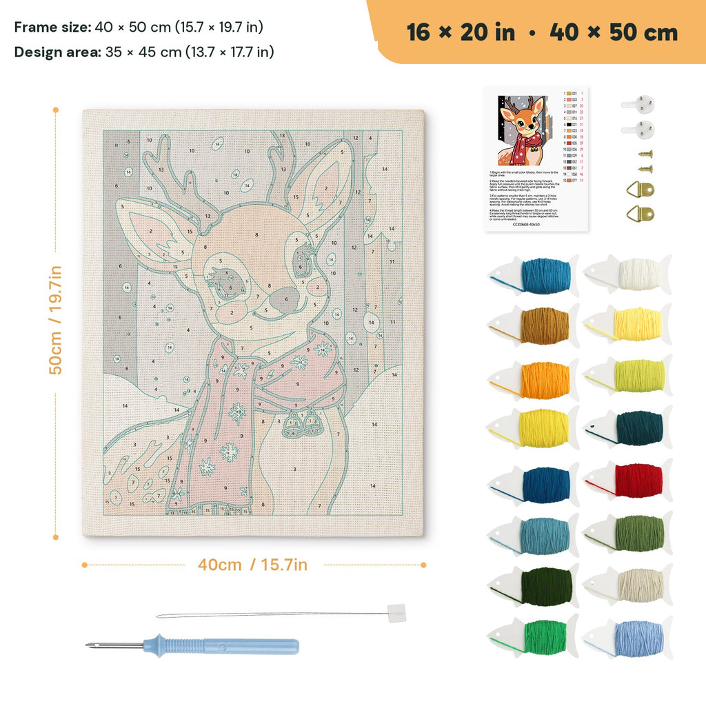 Red Scarf Fawn punch needle kit, 16 × 20 in (40 × 50 cm): canvas size and kit contents
