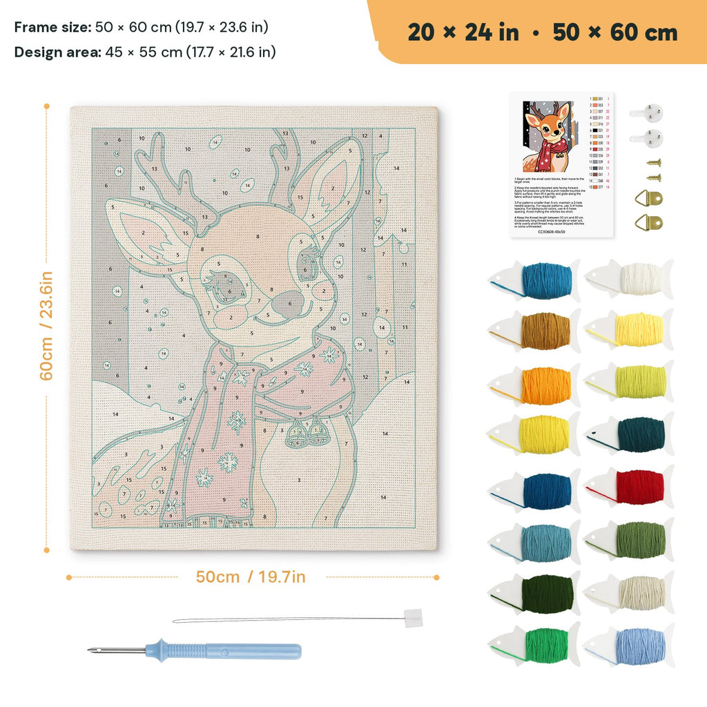 Red Scarf Fawn punch needle kit, 20 × 24 in (50 × 60 cm): canvas size and kit contents