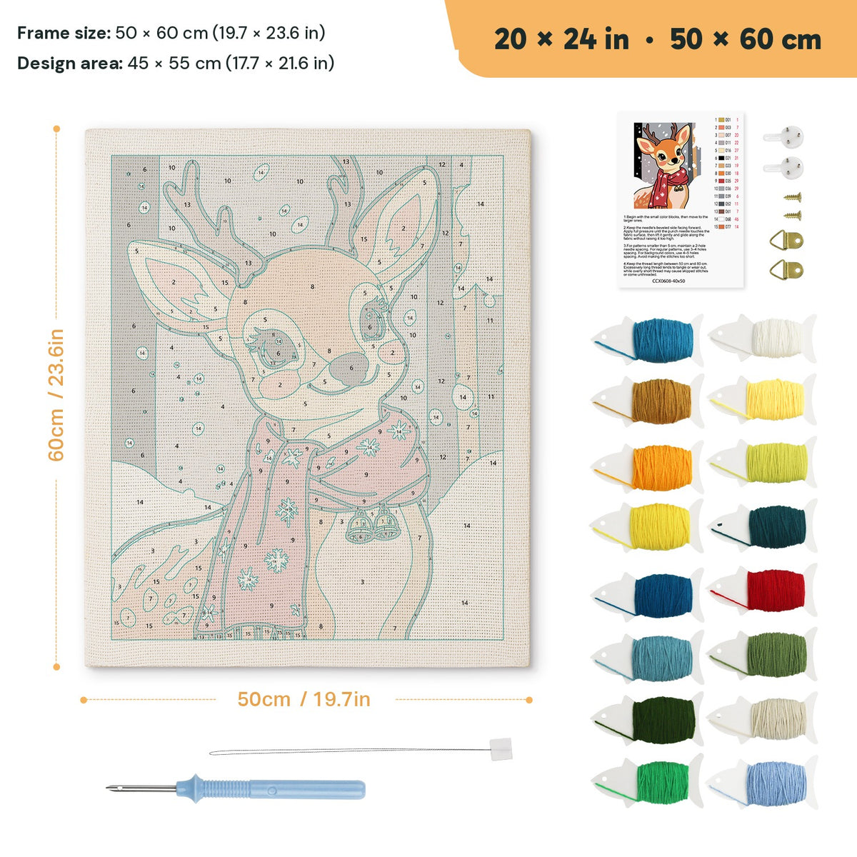 Red Scarf Fawn punch needle kit, 20 × 24 in (50 × 60 cm): canvas size and kit contents
