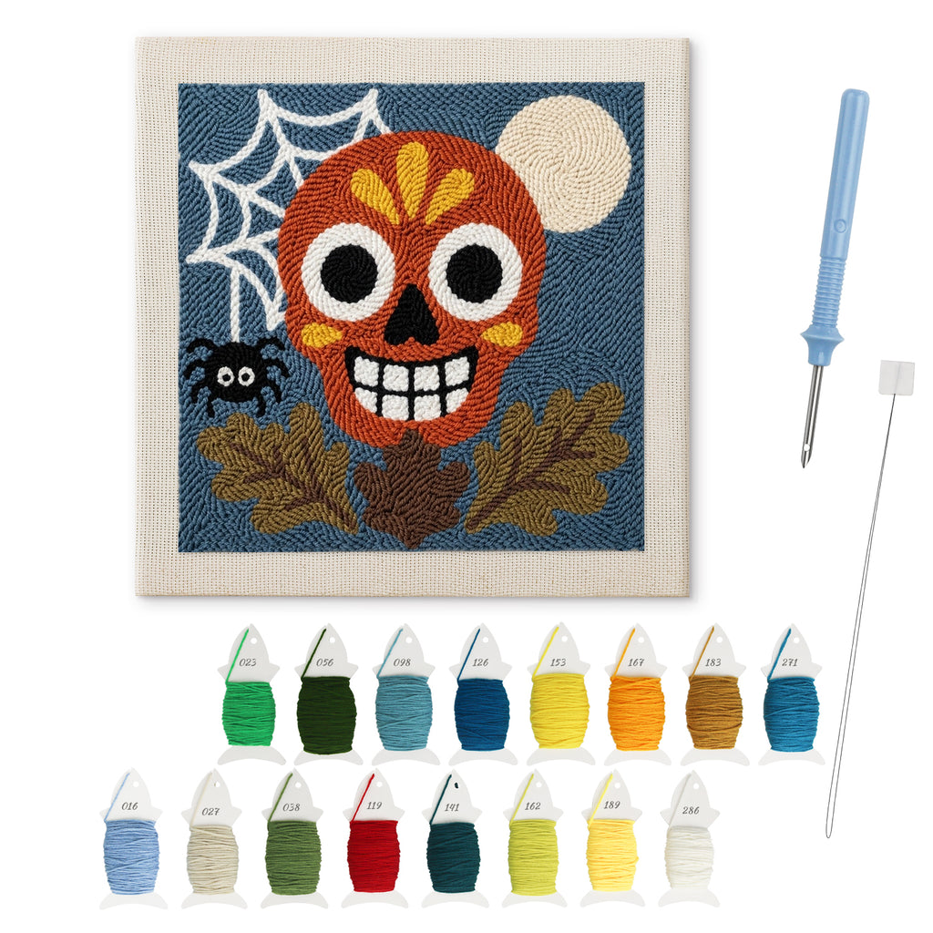 Red Sugar Skull punch needle kit: finished canvas with threads, punch needle and threader