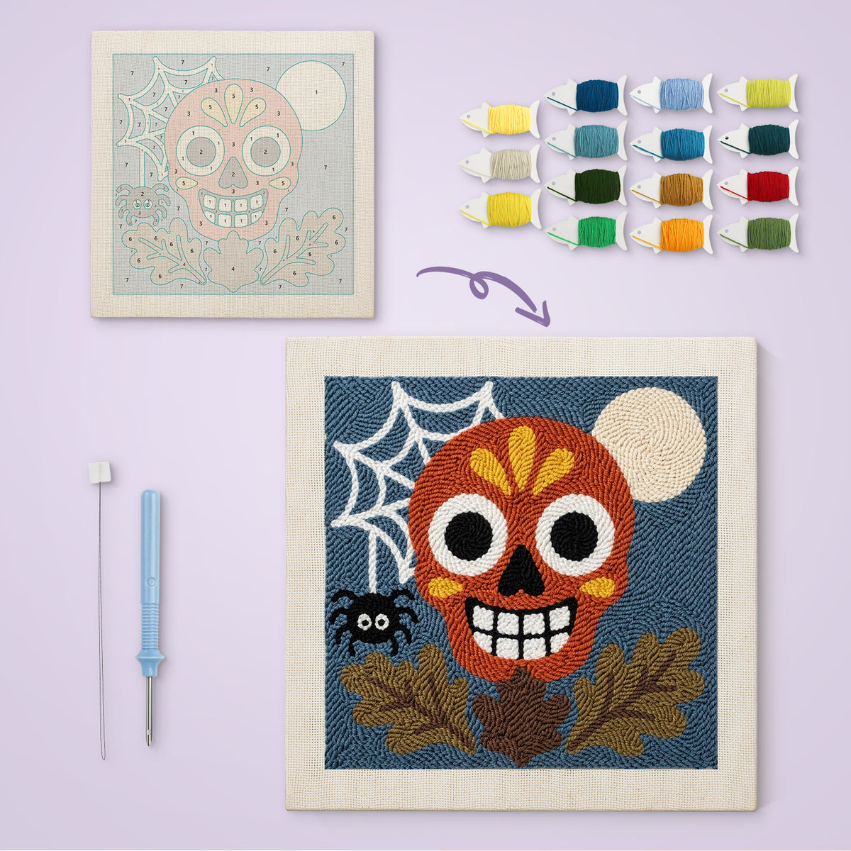 Red Sugar Skull canvas before and after punching, with the threads and tools