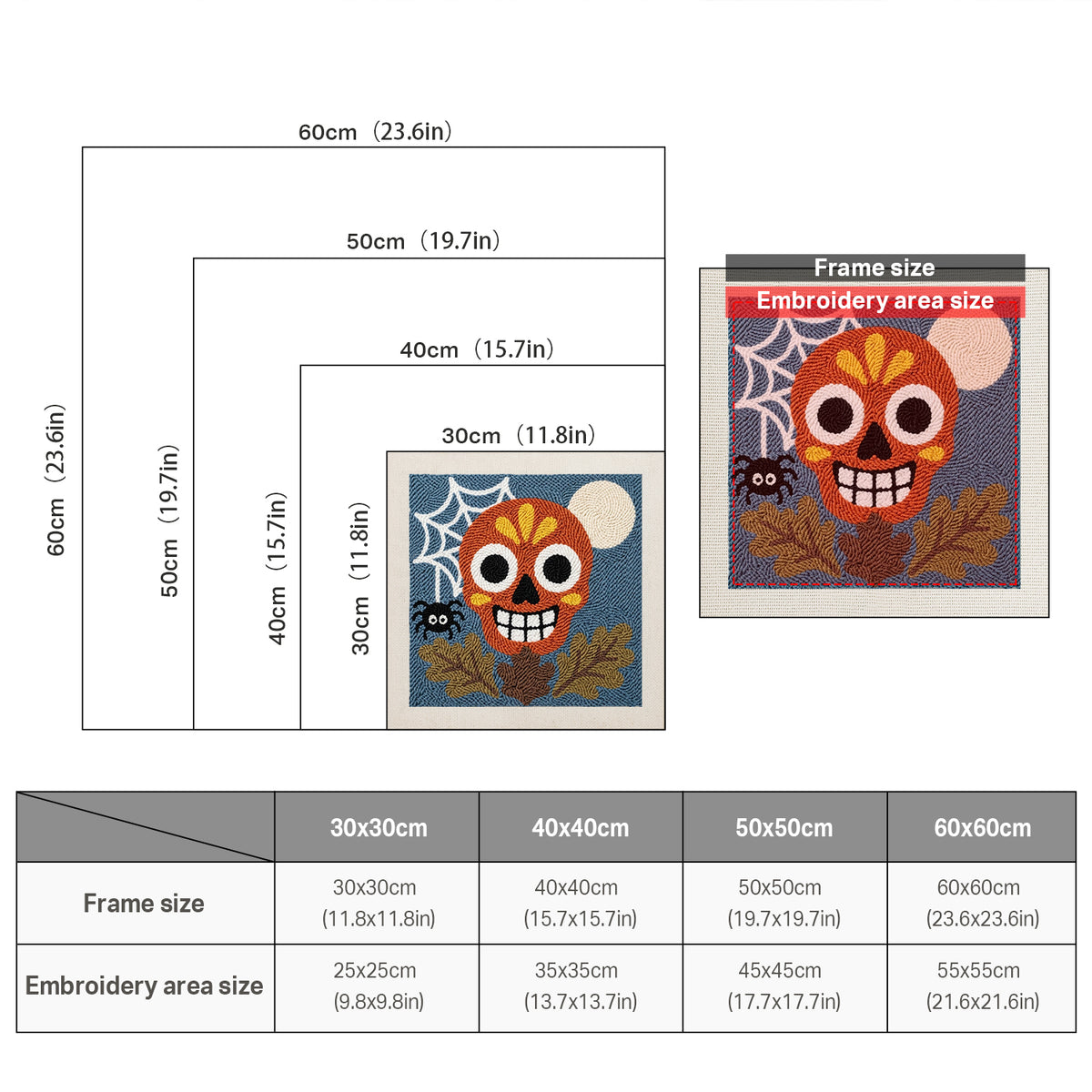 Size chart for square punch needle kits from 30 x 30 cm to 60 x 60 cm