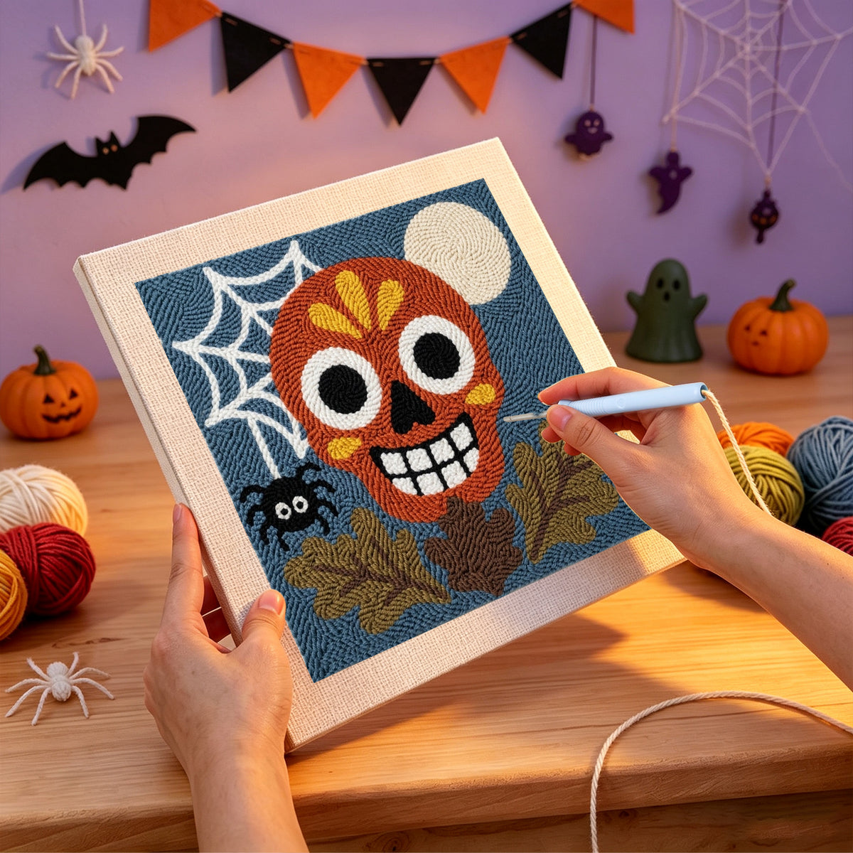 Punching the Red Sugar Skull design with the punch needle