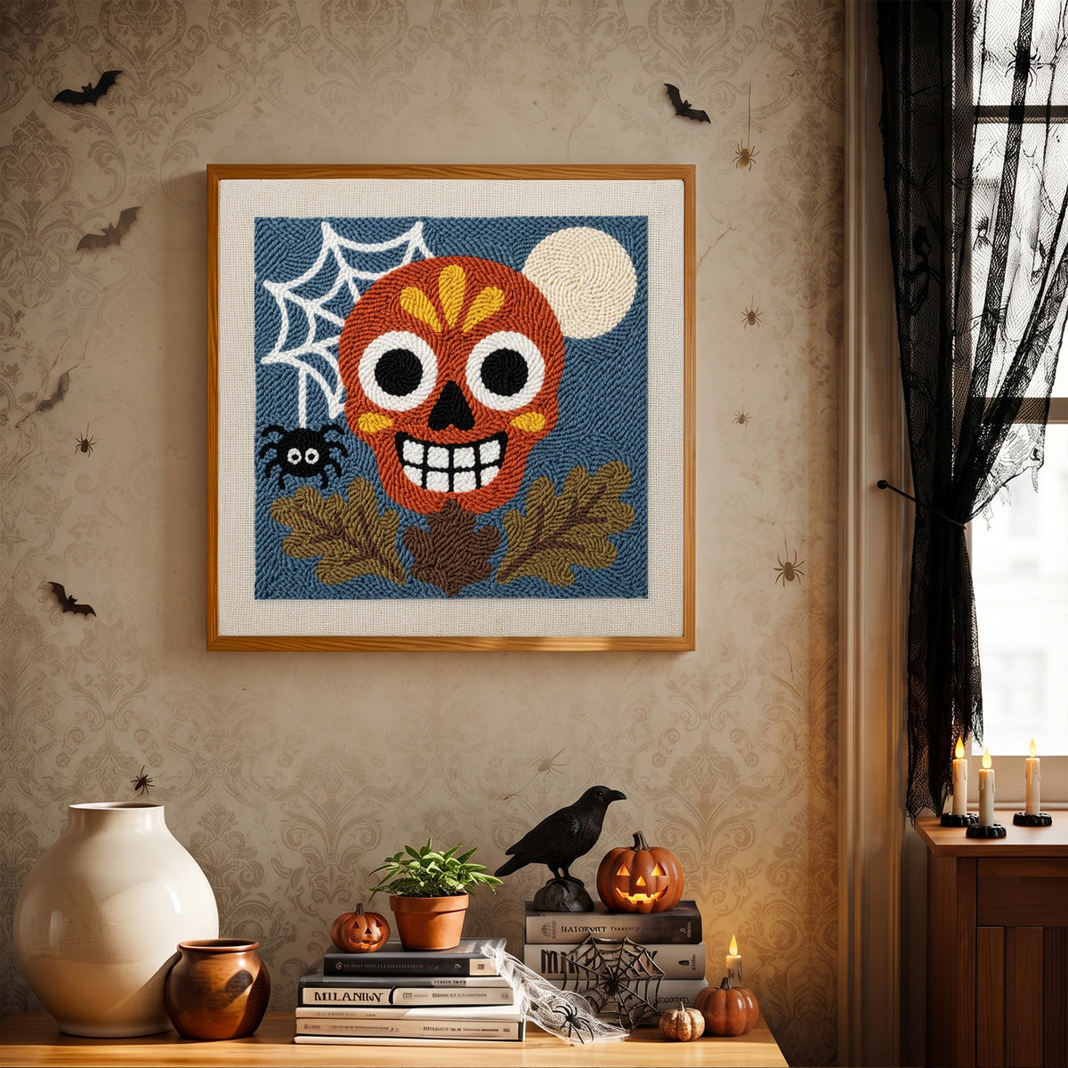 Finished Red Sugar Skull punch needle canvas on a wall