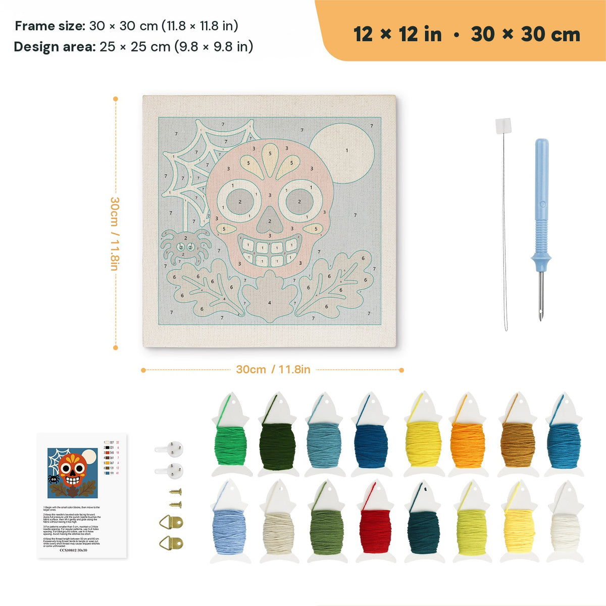 Red Sugar Skull punch needle kit, 12 × 12 in (30 × 30 cm): canvas size and kit contents