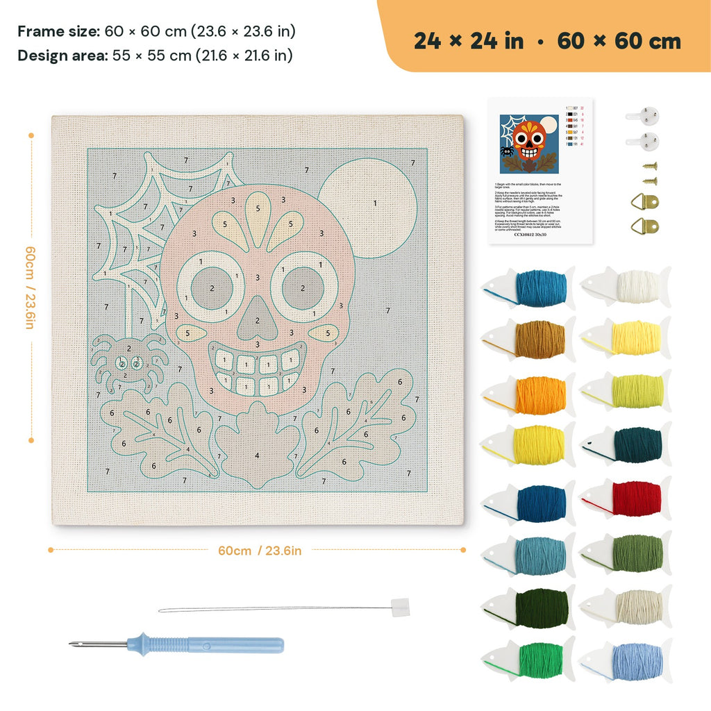 Red Sugar Skull punch needle kit, 24 × 24 in (60 × 60 cm): canvas size and kit contents